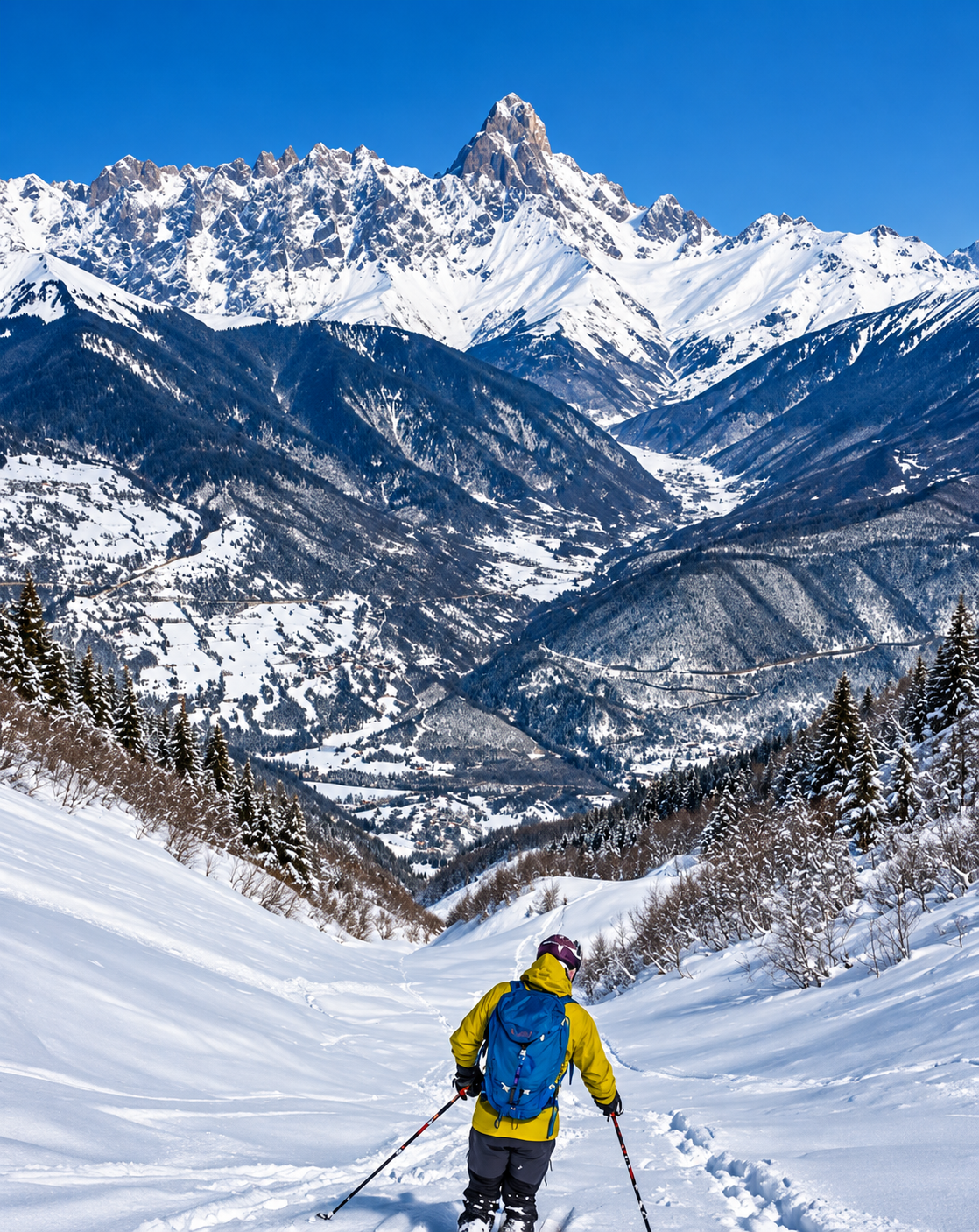 Ski tourer ascending a snow slope beneath the dramatic Caucasus peaks near Mestia, Svaneti, Georgia