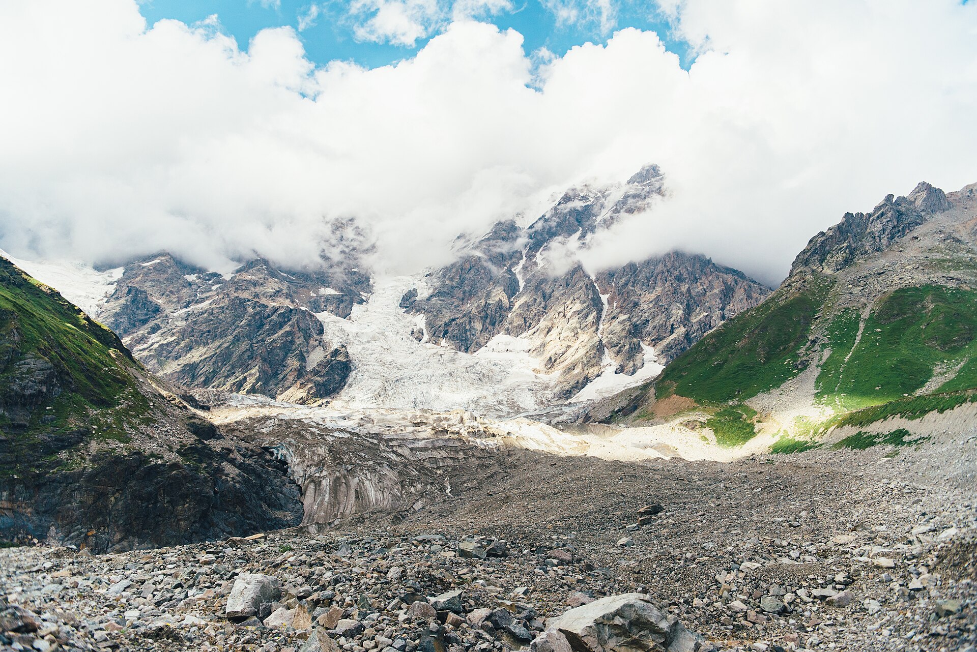 The Shkhara glacier tongue below Georgia's highest peak in the Caucasus mountains